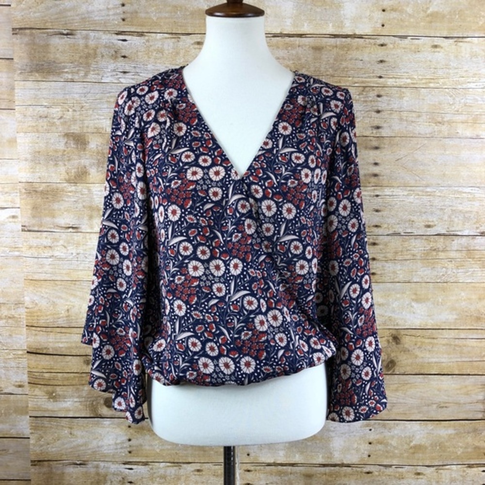 Sanctuary Women’s Blue/Orange Floral Kimono Long Sleeve V Neck Shirt Top Blouse